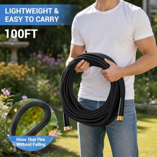 Lightweight No-Kink Garden Hose - 100FT Fabric Covered Outdoor Water Hose with 3/4" Copper-Plated Aluminum Leakproof Fittings - Burst-Proof Heavy Duty PVC Core - For Yard Watering, Car - Image 2