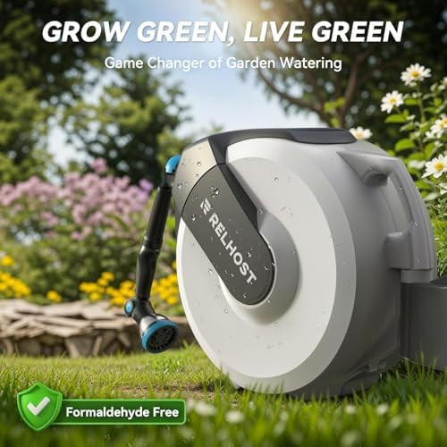 Relhost Retractable Garden Hose Reel, 5/8 in x 65 ft Wall Mount Heavy Duty Hose Reel with Any-Length Lock, Auto Rewind System, 180° Swivel Bracket, and 10-Pattern Nozzle for Garden, White & Grey - Image 3