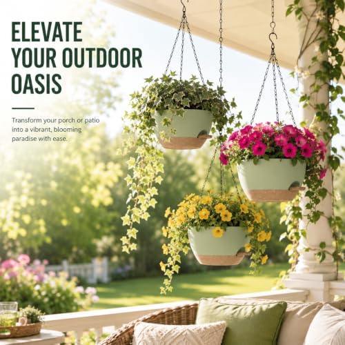 12 Inch Self Watering Hanging Planters 2 Pack, Green Brown - Image 2