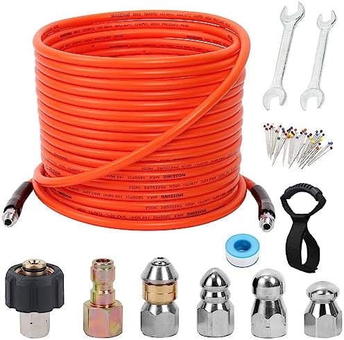 70FT Pressure Washer Sewer Jetter Kit, 5800 PSI Water Jet Drain Cleaner Hose with Corner Rotating Button Nose Nozzle, 1/4 Inch NPT, Sewer Jetter Nozzles Kit with Spanner Handle Strap by HOSEING