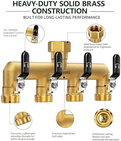 4-Way Garden Hose Splitter, Heavy-Duty Brass, 3/4" GHT, Black - Image 2