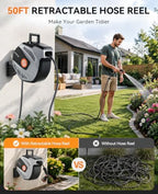 SUNPOW Retractable Garden Hose Reel - 1/2 inch x 50ft Heavy Duty Wall Mounted Hose Reel with 3/4 inch Brass Fitting & 10 Sprayer Nozzle - Any Length Lock, Auto Rewind System, 180°Swivel Bracket- Grey - Image 2