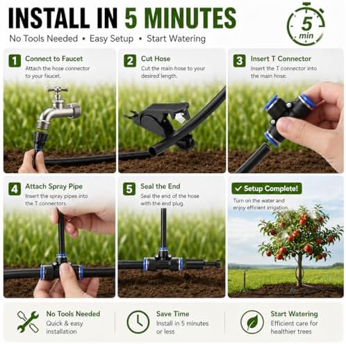 High-Flow Tree Irrigation System, 15FT 12mm Hose & 2Pcs 6.5FT Adjustable Nozzles, for Tree Roots & Canopies Irrigation, Leaf & Fruit Cleaning, Ideal for Fruit Trees & Ornamental Trees - Image 5