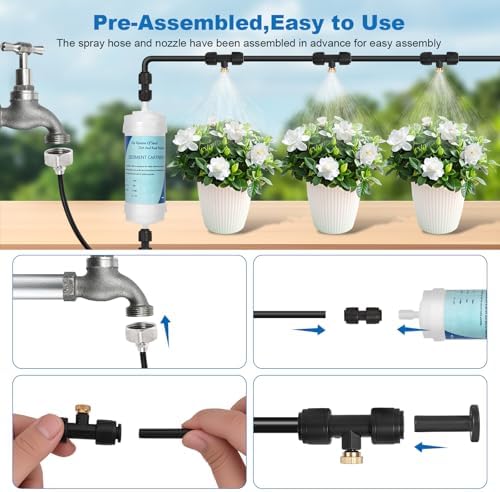 50ft/15M Misters for Outside Patio with Water Filter Misting Systems Pre-Assembled 15 Brass Mist Nozzles, Installation-Free Outdoor Misting Cooling System for Garden Waterpark Greenhouse - Image 3