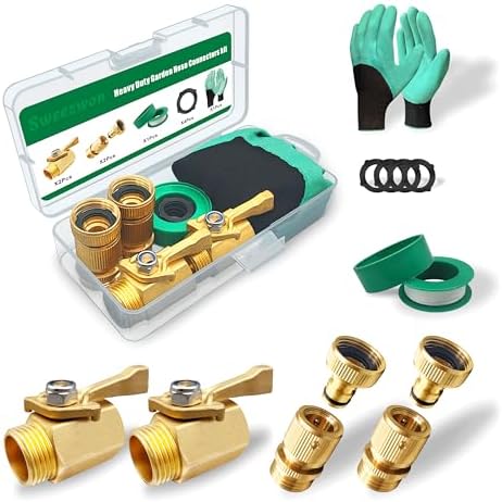 Solid Brass Garden Hose Accessories Kit - 2 Pack 3/4" GHT Full Flow Shut Off Valves & Quick Connects - Includes 8 Washers, Teflon Tape, Gloves | Leak-Proof, High Pressure 200 PSI by Sweezwon