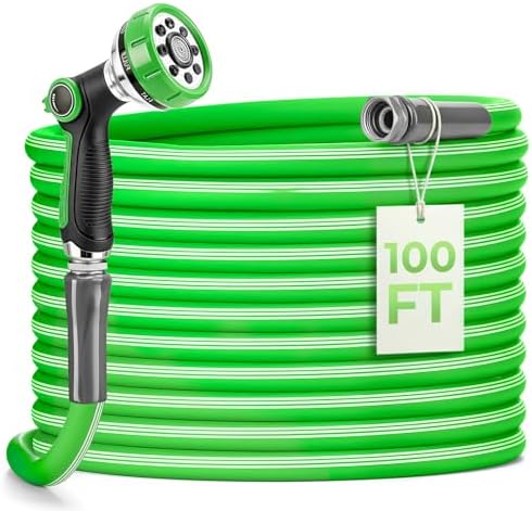 Garden Hose 100 Ft With 8-Pattern Spray Nozzle, 5/8" Lead-Free Water Hose by Delxo