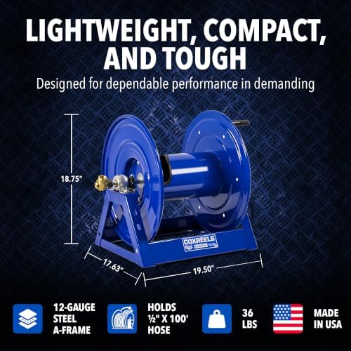 Coxreels 1125-4-100 Hand Crank Steel Hose Reel, 1125 Series - ½" x 100', 3,000 PSI - Heavy Duty All Welded Steel A Frame – Adjustable Tension Break – Made in The USA, Blue - Image 4