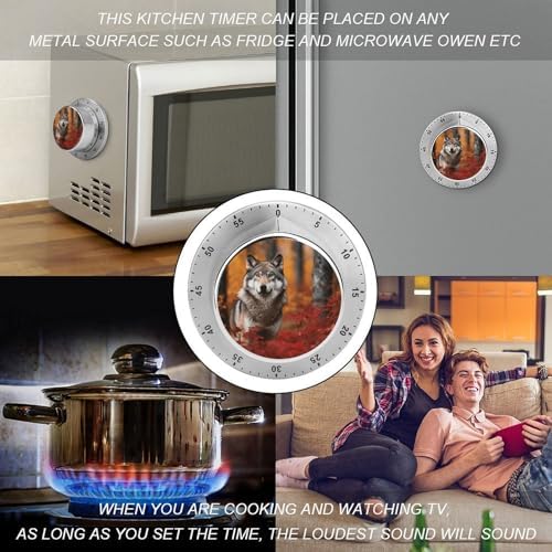 Mechanical Kitchen Timers for Cooking,Autumn Animals Wolf Printed 60 Minute Magnetic Countdown Timer,Cute Cooking Timers with Alarm,Stainless Steel Time Timer Manual No Batteries Required - Image 4
