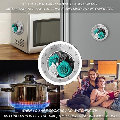 Mechanical Kitchen Timers for Cooking,Black White Teal Rose Printed 60 Minute Magnetic Countdown Timer,Cute Cooking Timers with Alarm,Stainless Steel Time Timer Manual No Batteries Required - Image 4