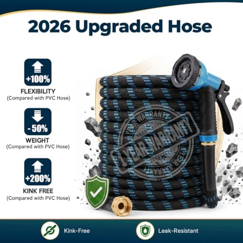 Garden Hose 50 ft, 2026 Upgraded Kink Free Flexible Water Hose 50ft With 10 Pattern Spray Nozzle, Leak-Proof, Portable, Ultra Lightweight & Durable Garden Hose for Yard, Lawn, Outdoor (Black & Blue) - Image 2
