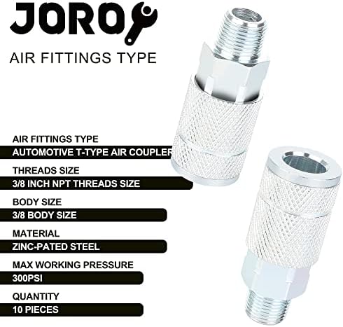3/8 Air Compressor Hose Fittings, Automotive T-Type, 3/8 Inch NPT Male Threads Size, Steel Material, 10 Pieces Air Coupler Set - Image 2
