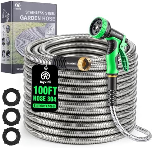 304 Stainless Steel Garden Hose 100 ft with 10-Function Spray Nozzle - Heavy Duty Metal Water Hose, Flexible & Kink Free Outdoor Hose, Dog Bite Proof Yard Hose for Outside, RV, Car Washing by JayxinliFlashlight