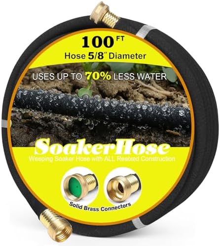 Soaker Hose 100FT 5/8" Diameter for Garden Beds Solid Brass Interface Irrigation Save 70% Water Heavy Duty Rubber Great for gardens/flower beds by HZGREEN
