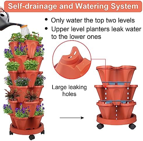 GameXcel Vertical Planter Tower - 6 Tier Stackable Garden Planters with Wheels and Tools Plant Pots for Strawberry Herb Flower and Vegetable Indoor Outdoor Use Red - Image 4