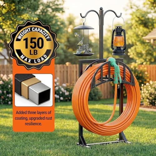 2 Pack Garden Hose Holder, Water Hose Stand for Outside with 4 Stake and 2 Shepherds Hooks, Freestanding Hose Storage Holds 150Ft, Heavy-Duty Metal Hose Hanger Rack for Yard, Lawn, Farm - Image 4