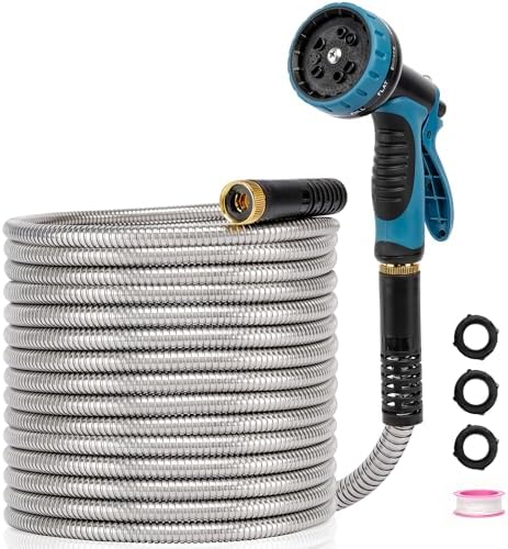 Metal Garden Hose 50 ft x 5/8 in OD with 10 Pattern Sprayer Nozzle, Stainless Steel Water Hose, Non Expandable Flexible Kink Resistant Heavy Duty Hose for Yard, Car Washing and Pet Bath by Unknown
