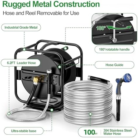 SPECILITE Garden Hose Reel With 100Ft Metal Water Pipe, 360° Rotation Frame - Image 3