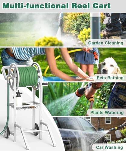 Artigarden Hose Reel Cart with 2 Wheels, Garden Water Hose Holder Heavy Duty Powder Coated Steel Outdoor Winder Storage Holds 125 ft 5/8" Hoses with Basket and 3.9ft Leader Hose for Backyard, White - Image 7