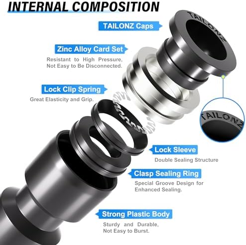 TAILONZ PNEUMATIC 1/4"3/8"1/2"1/8" Black Push to Connect Fittings Air Hose Fittings,Threaded Connection Kits, Suitable for Nylon Tube PU Tube Air Tube and Other Connection Kits（Pack of 58） - Image 4