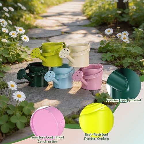 DOITOOL Kids Metal Watering Can for Gardening, 5Pcs Small Iron Watering Can Garden Watering Bucket for Gardening Plants Flowers (Mixed Color) - Image 5