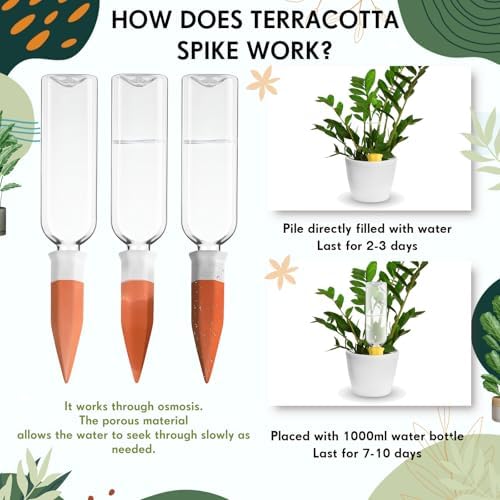 Ziliny 12 Pack Terracotta Watering Spikes Devices, Plant Self Watering Spikes with 25 oz Plastic Wine Bottles, Slow Release Vacation Insert Plant Waterer Devices for Indoor Outdoor - Image 3