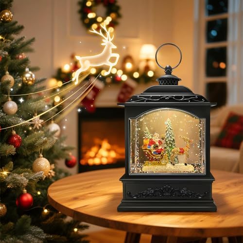 Christmas Snow Globe Lantern Water Glittering Santa Snow Globe with Music and Timer, USB Lined/Battery Operated, Christmas Eve Decorations Gifts, Lighted Lantern for Christmas Festival Decoration by LLIBTYT