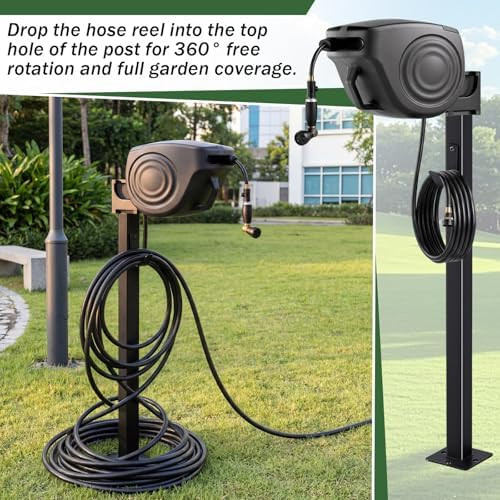 33 Inch Retractable Hose Reel Mounting Post with Multi-functional Hook Heavy Duty Vertical Stand for Garden Outdoor - Image 3