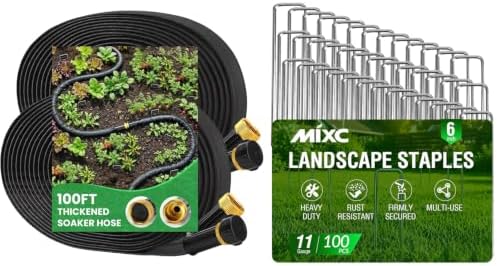 MIXC 100Ft Thickened Flat Soaker Hose with 100 Pcs 6 Inch Landscape Staples by MIXC