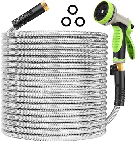 Metal Garden Hose 100 ft Stainless Steel Water Hose Heavy Duty Flexible Lightweight Durable Long No Kink Hoses Pipe with 10 Function Nozzle Strong 3/4’’ Solid Brass Fitting for Outdoor Yard by Frojuly