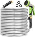 Metal Garden Hose 100 ft Stainless Steel Water Hose Heavy Duty Flexible Lightweight Durable Long No Kink Hoses Pipe with 10 Function Nozzle Strong 3/4’’ Solid Brass Fitting for Outdoor Yard by Frojuly