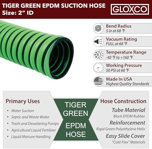 Gloxco Heavy Duty EPDM All Weather Suction Hose Assembly, Black Tube, Lime Green Helix, 2" Inside Diameter with Male x Female NPSM Pinlug Fittings Installed, 25 ft Length - Image 6