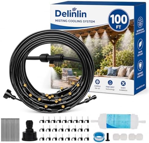 100FT Misters for Outside Patio, Outdoor Misting Cooling System with 20 Brass Nozzles & Filters, DIY Misting Kit for Backyard Garden Greenhouse Deck Umbrella Canopy Pool Porch Trampoline by Unknown