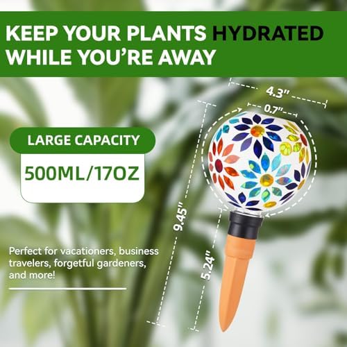 VOREEN Mosaic Glass Plant Watering Globes 2 Pack 500ml with Terracotta Spikes, Handmade Self-Watering Stakes for Indoor/Outdoor, Gift for Garden Lover,Multi Colored Flowers - Image 2