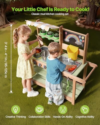 VEVOR Mud Kitchen, Outdoor Mud Kitchen for Kids, Wood Outdoor Play Kitchens with Spoons, Sink, Sunshade Canopy, Swivel Wheels, Cookware Pots and Accessories, Wooden Play Kitchens for Home, Lawn - Image 2