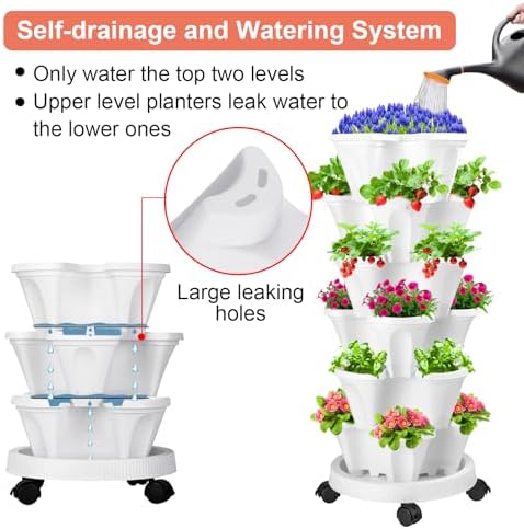 GameXcel Vertical Planter Tower - 6 Tier Stackable Garden Planters with Wheels and Tools Plant Pots for Strawberry Herb Flower and Vegetable Indoor Outdoor Use White - Image 3