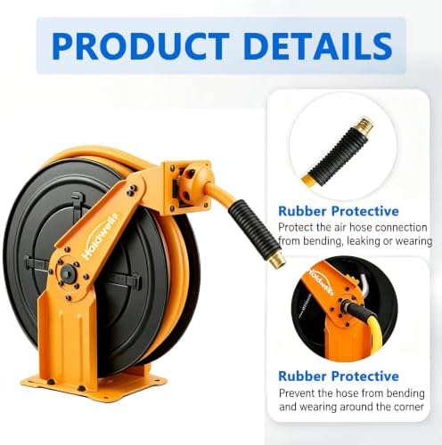 Retractable Air Hose Reel, 3/8" x 50FT EPDM Rubber Air Hose, 300PSI Max, Auto-Rewind & Length-Lock, 1/4" NPT Fitting, Ceiling/Wall Mount Heavy Duty Dual Arm Steel Reel for Workshop/Garage - Image 4