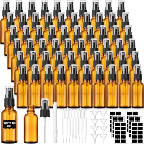60 Pack 1oz Amber Glass Spray Bottles Portable Travel Bottles with Mini Funnel Dropper Labels and Marker Refillable Spray Bottle for Cosmetic Essential Oils Skin Care Daily Cleaning by Yiyiring