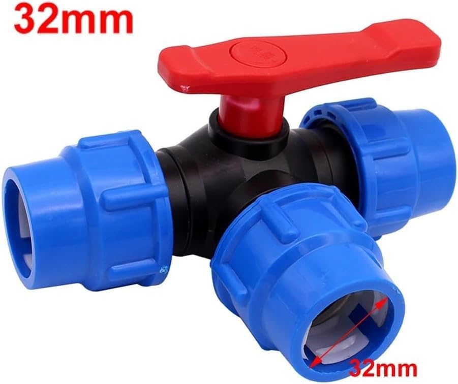 PVC Ball Valve, 3 Way Plastic PE Ball Valve, 32mm Quick Connect, Black - Image 2