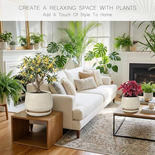 10.3 Inch Ceramic Planter with Saucer,Modern Garden Pots with Drainage Hole Mesh Net, for Indoor Outdoor Use (Silk White) - Image 2