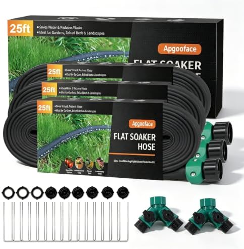 Flat Soaker Hose 25 ft 3-Pack with Splitter, 80% Water-Saving Drip Irrigation Hose 75 ft, Linkable DIY Garden Soaker Hose System for Garden Beds, Lawn, Vegetables & Trees (25ft 3-pack) by Apgooface