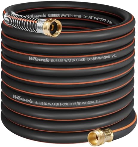 100FT x 5/8" Rubber Garden Hose, Heavy Duty Garden Water Hose, 300 PSI Working, 1000 PSI Burst, Swivel Handle with Stainless Steel Ring, 5-Layer Braided, All-Weather Outdoor Use, BG100GH06 by Wilawels