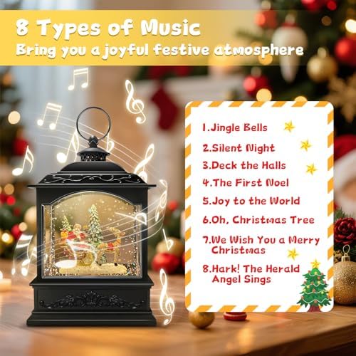 Christmas Snow Globe Lantern Water Glittering Santa Snow Globe with Music and Timer, USB Lined/Battery Operated, Christmas Eve Decorations Gifts, Lighted Lantern for Christmas Festival Decoration - Image 3