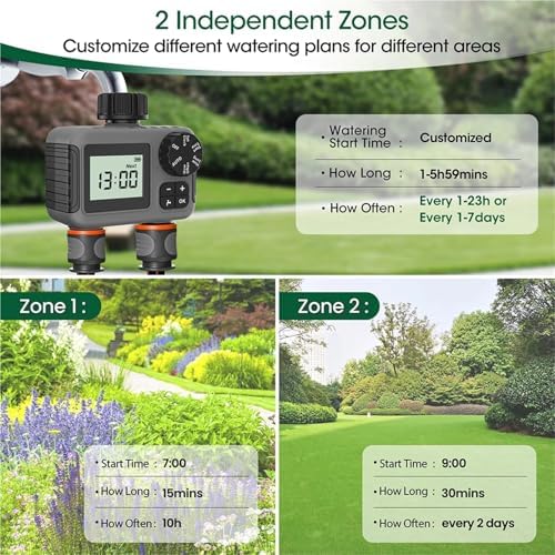 Watering Timers, 2 Zone Digital Water Timer Automatic Irrigation Controller 3/4'' Thread Sprinkler Watering System for Outdoor for Garden Hose - Image 4