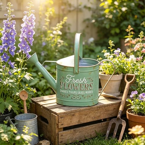 Vintage Metal Watering Can with Fresh Flowers Emboss Garden Decorative Watering Pot Farmhouse Water Can for Home Indoor Outdoor Garden Balcony Courtyard (Green) - Image 5