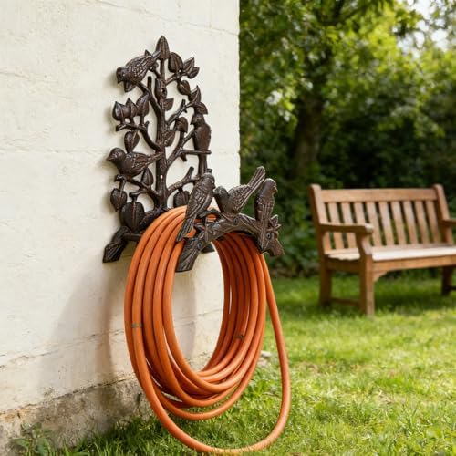 Rustic Rust Brown Cast Iron Garden Hose Holder, Wall-Mounted Bird & Tree Design, Durable Outdoor Hose Storage for Garden, Yard, Fence - Vintage Style Decor (9.3" Height) HC1418 - Image 5