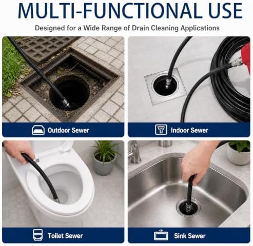 Sewer Jetter Kit for Pressure Washer 100FT, 5800PSI Drain Cleaner Hose 1/4 Inch NPT Corner Rotating and Button Nose Sewer Jetting Nozzle Pearl Corsage Pin Waterproof Tape with Spanner (100FT) - Image 6