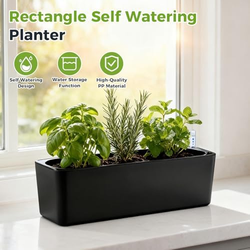 2 Pack Rectangular Self Watering Planter 15.6 x 5.4 in Window Sill Planters Indoor Rectangle Planter Self Watering Pots Plastic Plant pots with Drainage Holes Black Flower Pot (Black) - Image 2