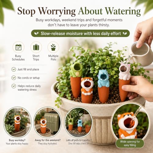 6 Pack Terracotta Self Watering Spikes, Animal Shaped Plant Waterers (#A) - Image 2