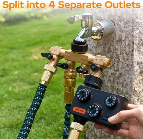 Hose Splitter 4 Way, Diivoo Heavy Duty Brass Hose Connector with Rotating Arms, High Flow Spigot Splitter, Easy Grip Faucet Splitter, Solid Hose Bib Splitter for Outdoor Gardening Hoses, 3/4" Standard - Image 6