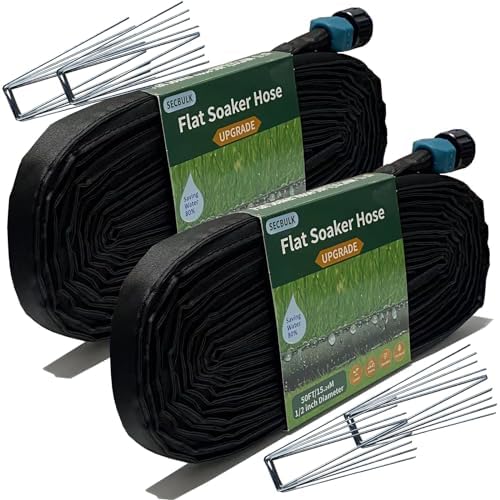 Secbulk 2026 Flat Soaker Hose 100 ft with Stakes for Garden, 50ft x 2 Linkable Drip Hose Diy Garden Irrigation System Saving 80% Water, Dual-layer Leak-free Design Water Hose with Holes by Secbulk